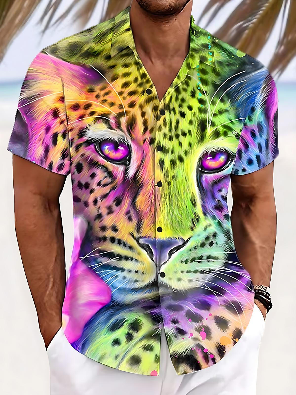 Rainbow Leopard Print Men's Pocket Short Sleeve Shirts