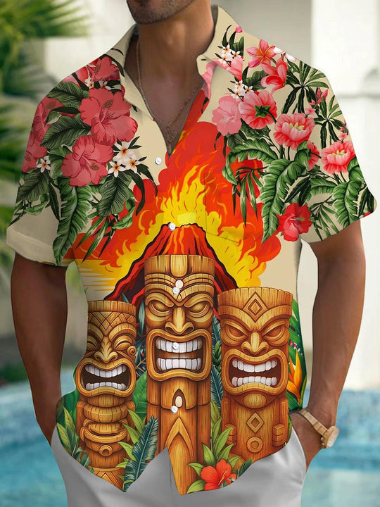 Hawaiian Tiki Volcano Flower Print Men's Pocket Short Sleeve Shirts