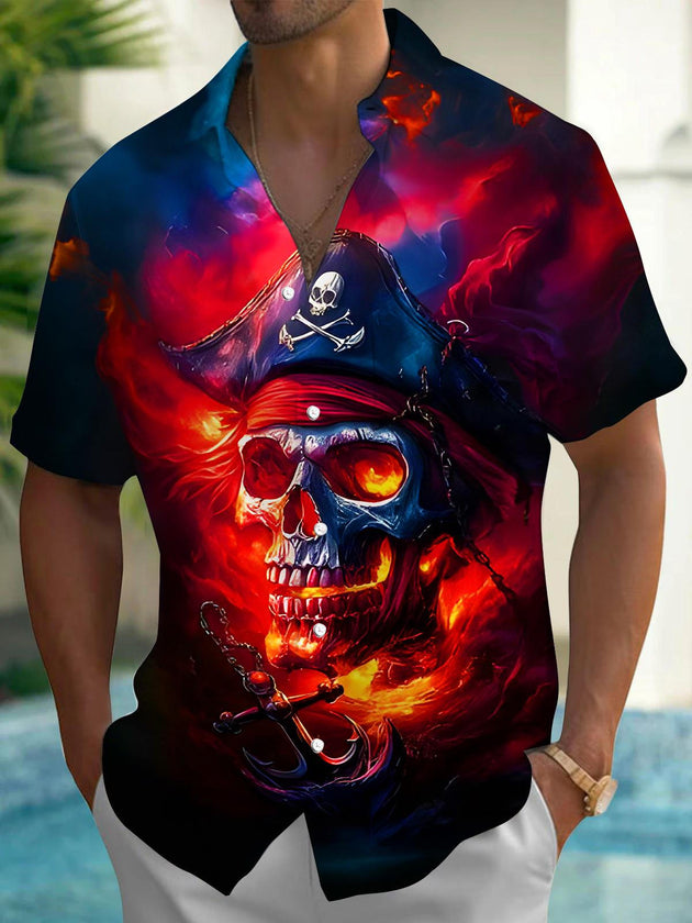 Men's abstract skull print short sleeve shirt front view