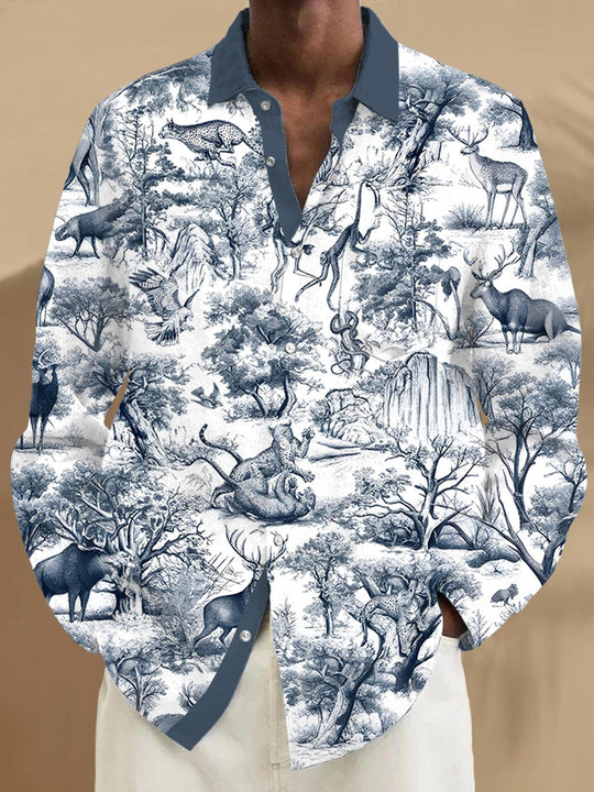 Men's forest animal pattern long sleeve shirt front view