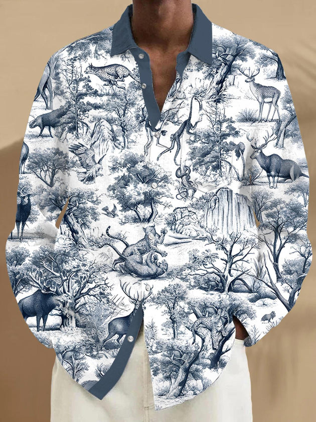 Men's forest animal pattern long sleeve shirt front view