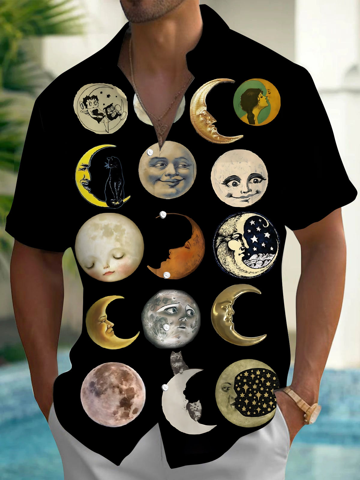 Moon Art Print Men's Pocket Short Sleeve Shirts
