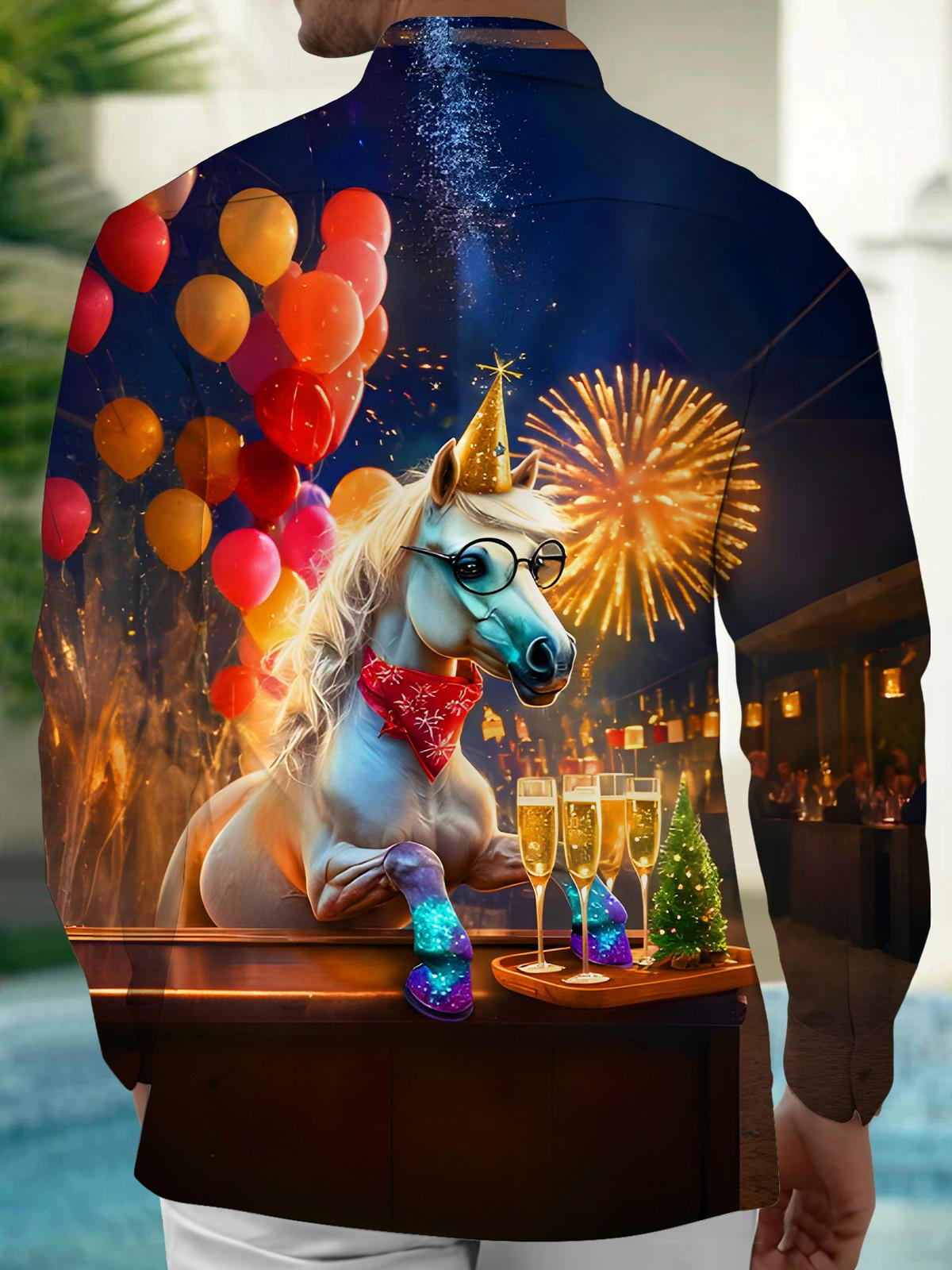 Fun Festival Horse Champagne Fireworks Balloons Men's Pocket Long Sleeve Shirts