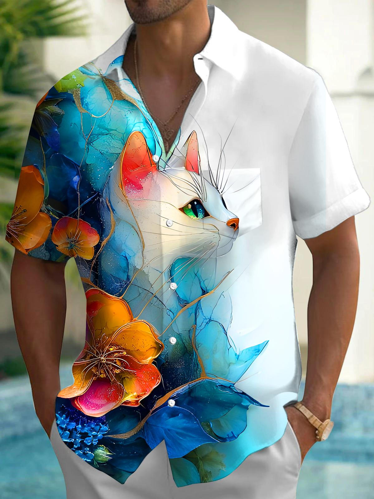 Art Gradient Cat Floral Men's Pocket Short Sleeve Shirts