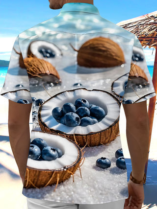Men's blueberry coconut print short sleeve shirt back view