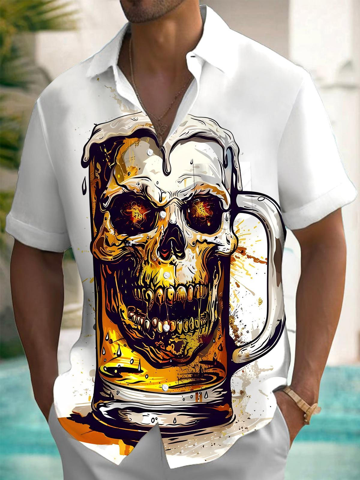 Skull Beer Print Men's Pocket Short Sleeve Shirts