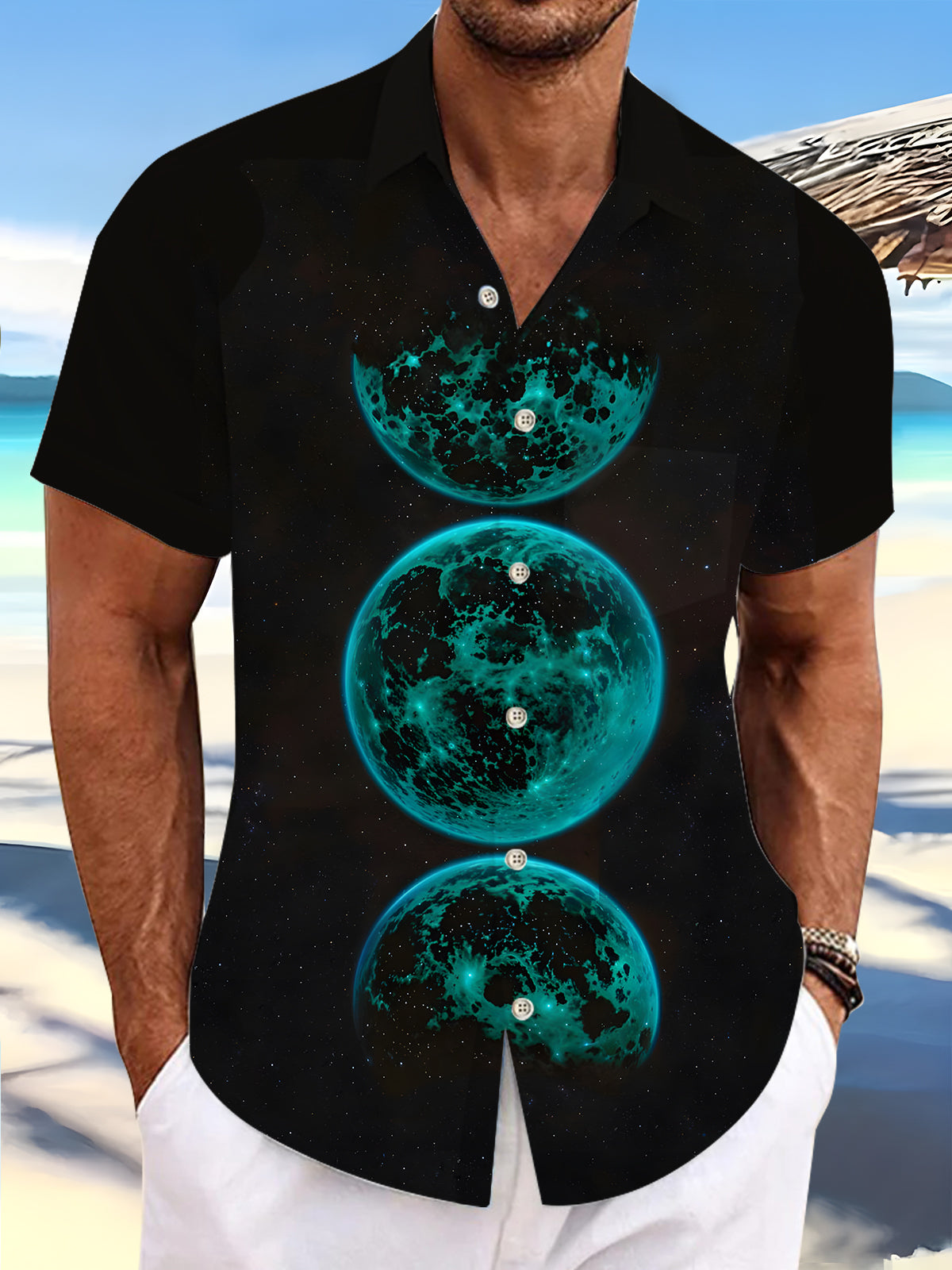 Space Planet Print Men's Pocket Short Sleeve Shirts