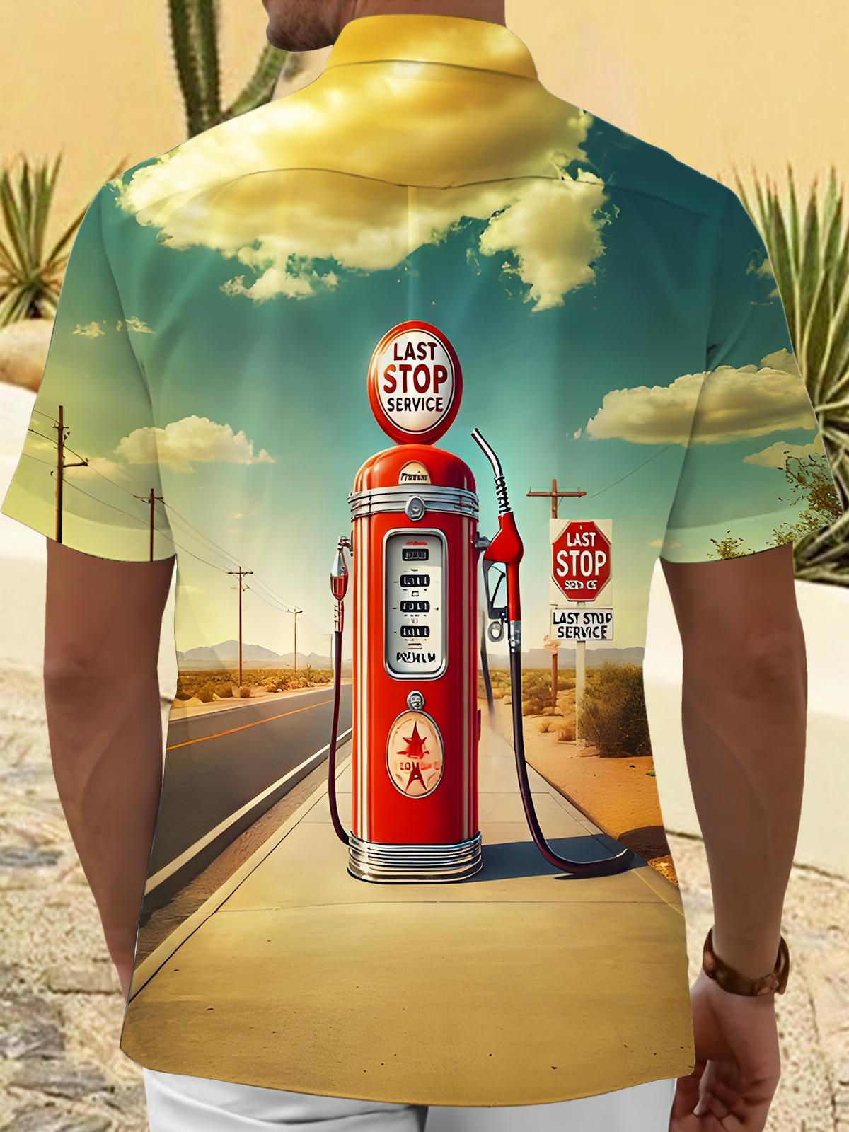 Retro Roadside Gas Station Men's Pocket Short Sleeve Shirts
