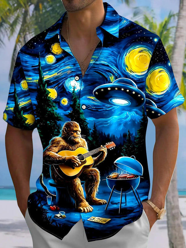 Hawaiian Chimpanzee Guitar BBQ Men's Pocket Short Sleeve Shirts
