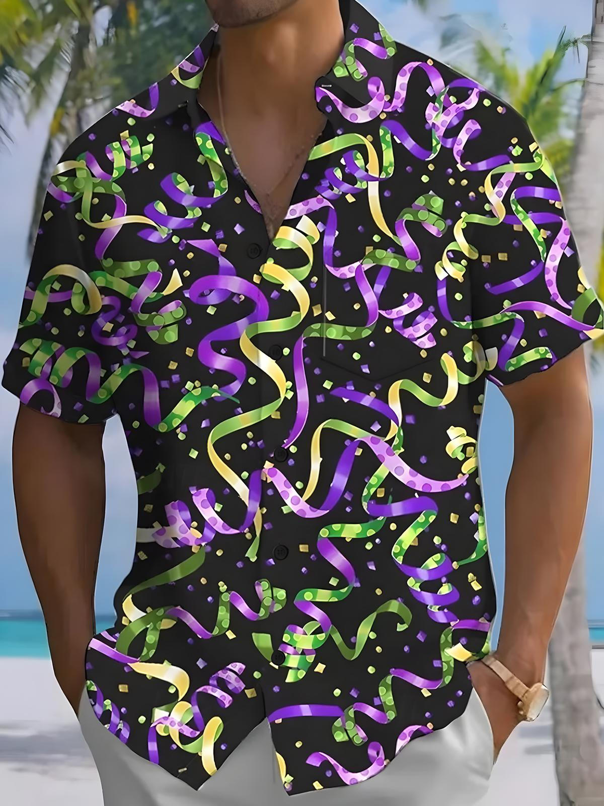 Mardi Gras Carnival Ribbon Print Men's Pocket Short Sleeve Shirts