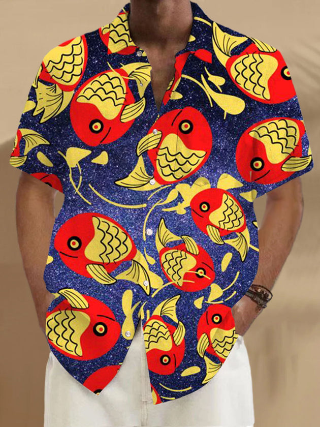 Men's blue fish print short sleeve shirt front view