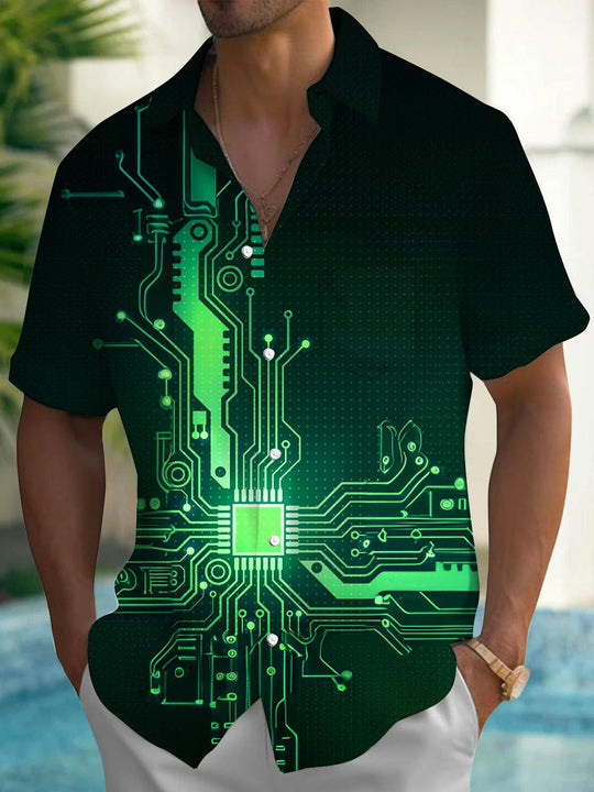 Men's circuit board print short sleeve pocket shirt front view