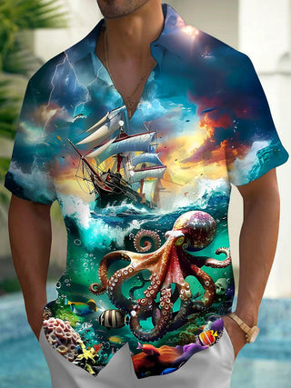 men's Hawaiian shirt front view tropical beach vacation