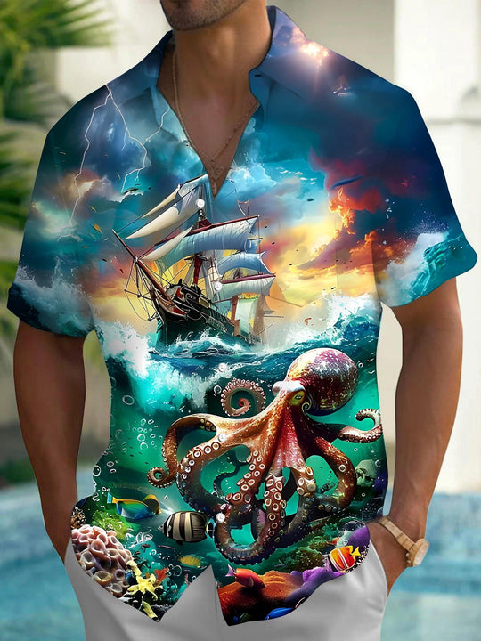 men's Hawaiian shirt front view tropical beach vacation