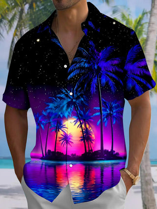 Adaychic Men's Black Graphic Tropical Palm Tree Sunset Print Short Sleeve Button Down Shirt with Chest Pocket