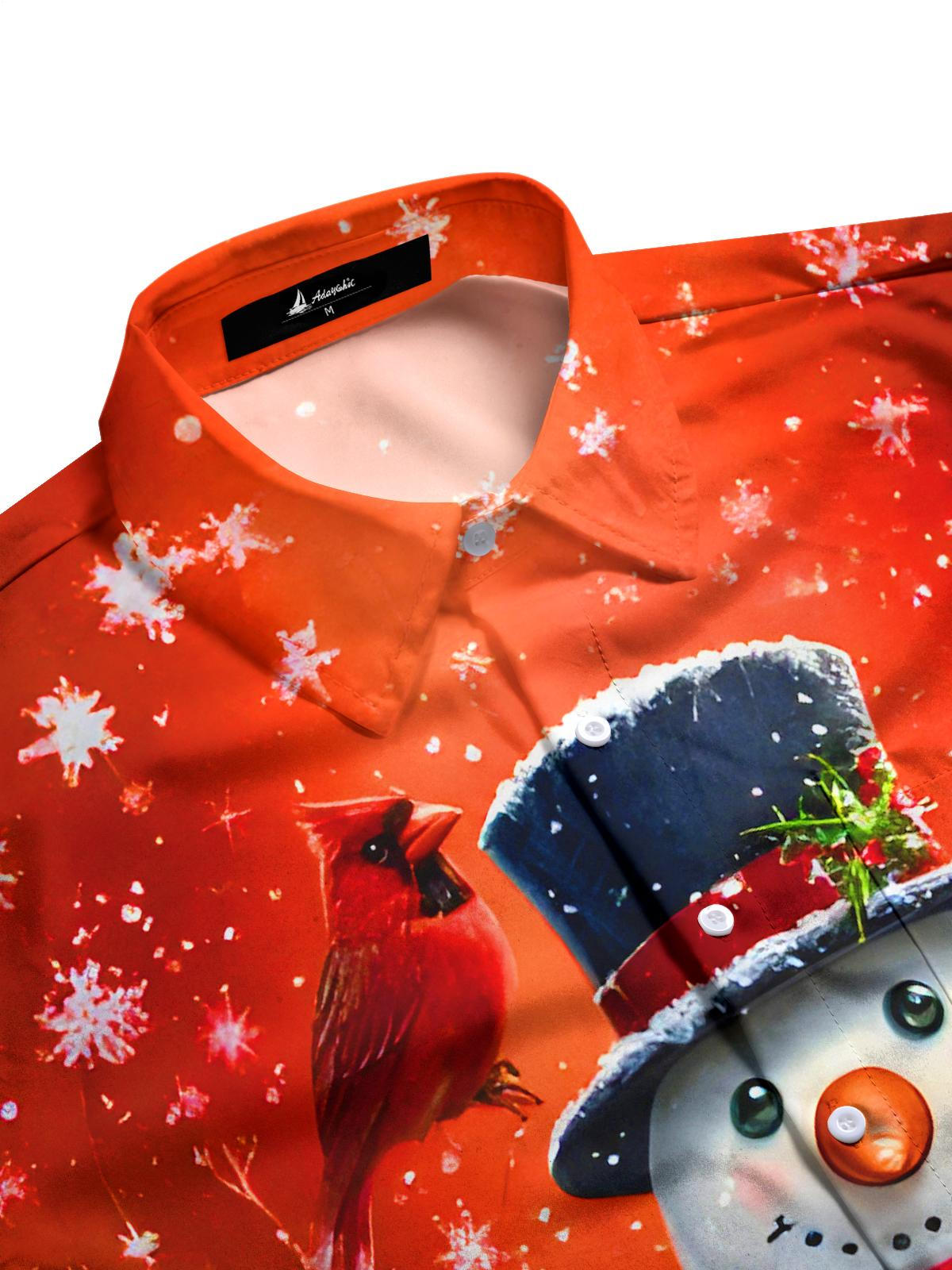 Funny Snowman Bird Snowflakes Men's Pocket Long Sleeve Shirts