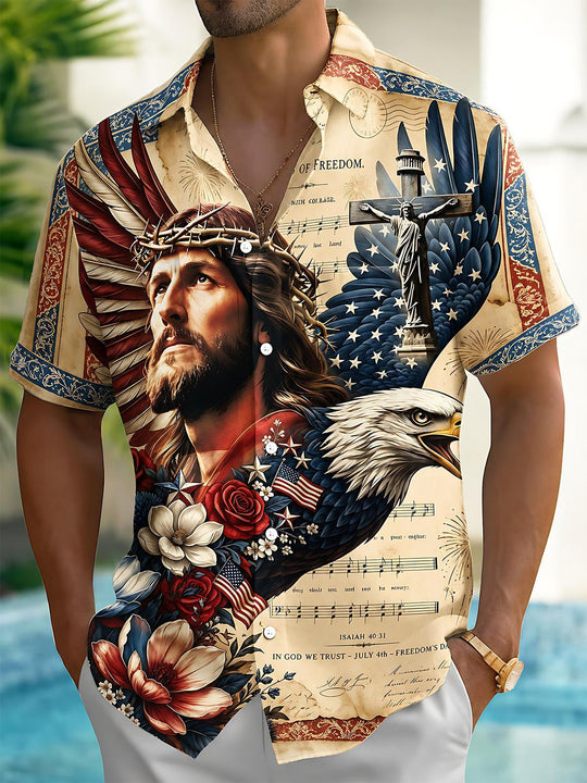 Independence Day Free Eagle Jesus Rose American Flag Retro Men's Pocket Short Sleeve Shirts