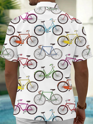 Men's blue bicycle print short sleeve shirt back view