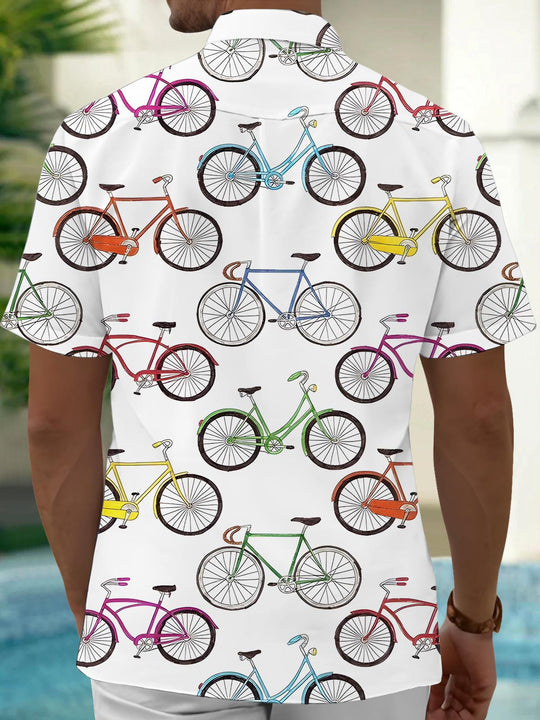 Men's blue bicycle print short sleeve shirt back view