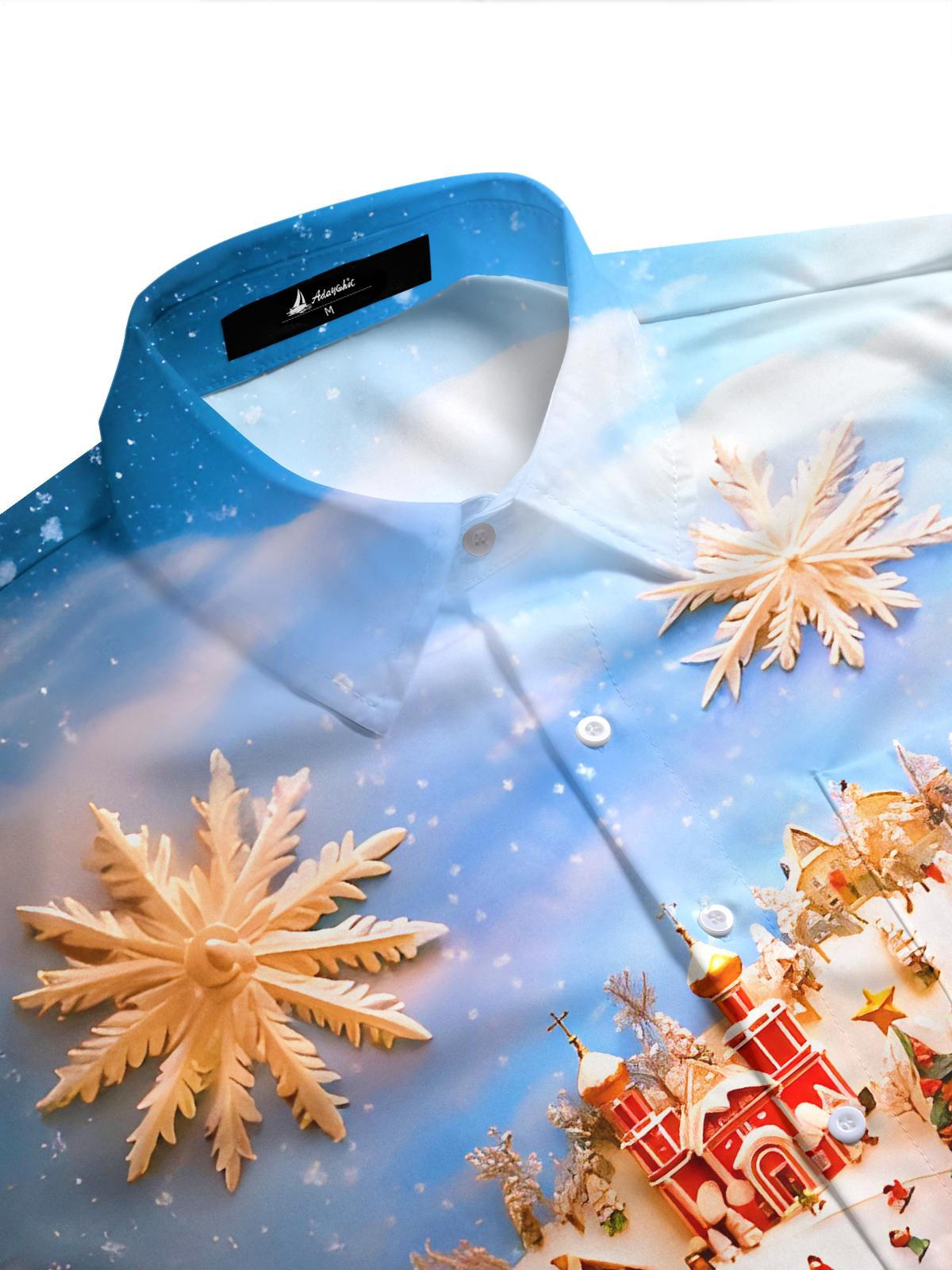 Winter Snow Holiday Light Village Men's Pocket Long Sleeve Shirts