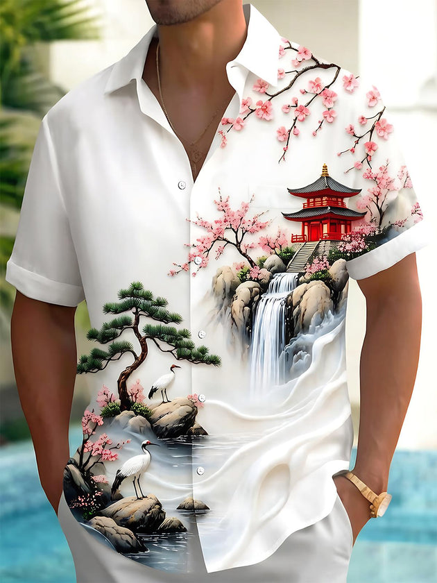 Cherry Blossom Landscape With Cranes Men's Pocket Short Sleeve Shirts