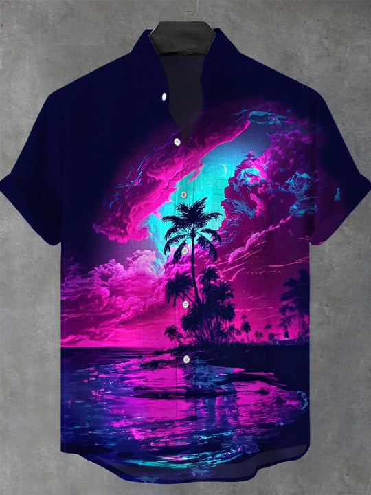 Men's Hawaiian coconut tree pocket short sleeve shirt front view tropical beach vacation