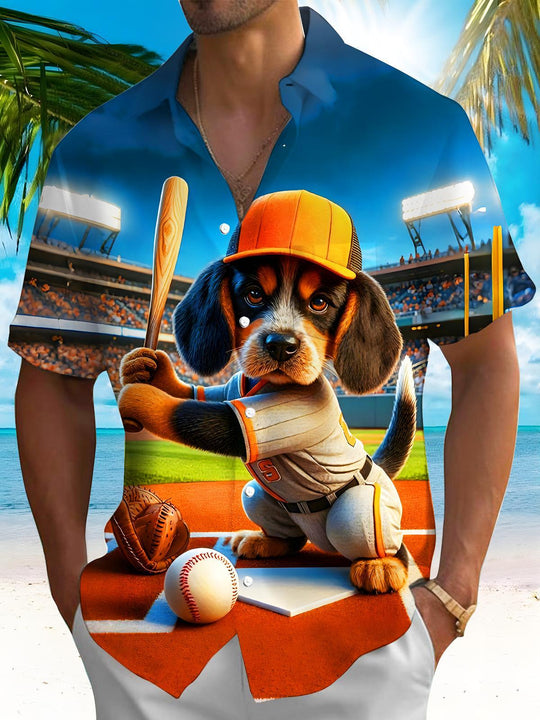 Men's Baseball Puppy Dog Pocket Short Sleeve Shirt Front View