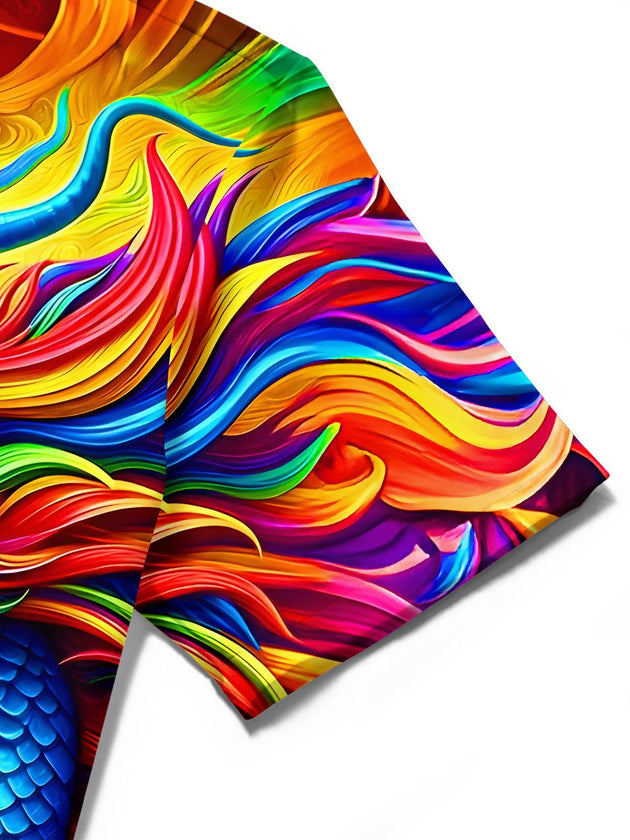men's dragon print shirt close-up short sleeve