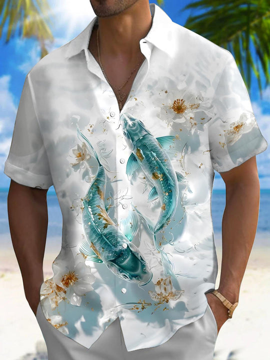 Men's blue fish print short sleeve Hawaiian shirt front view for tropical beach vacation