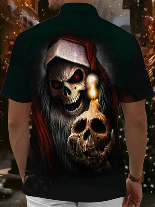 Men's black Christmas skull print short sleeve shirt back view