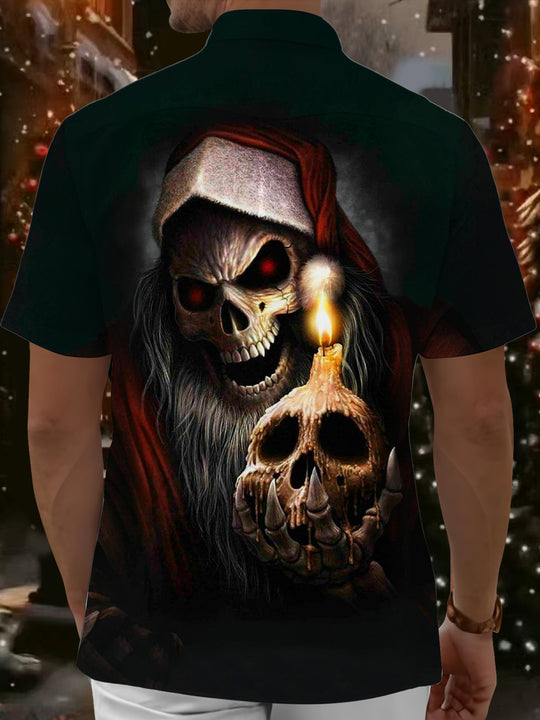 Men's black Christmas skull print short sleeve shirt back view