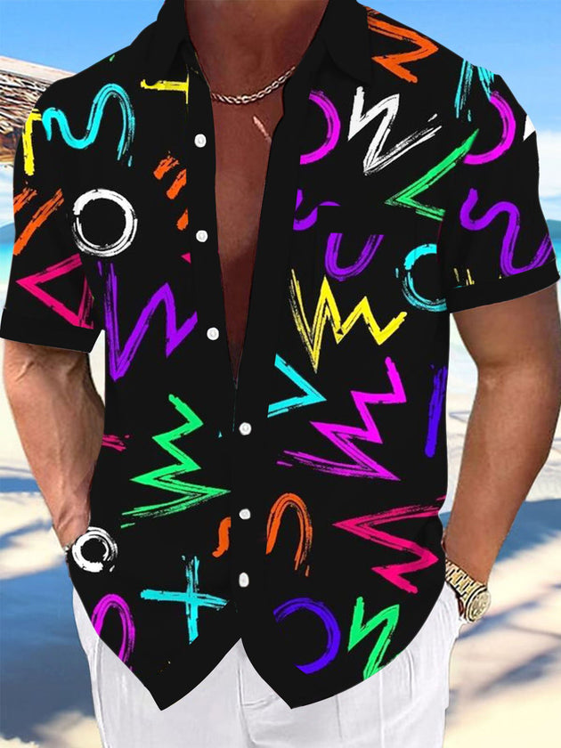 Men's colorful geometric print short sleeve shirt front view