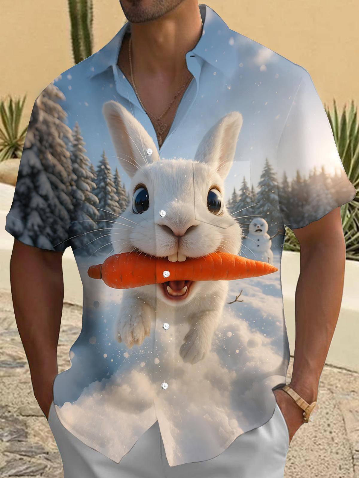 Rabbit Print Men's Pocket Short Sleeve Shirts