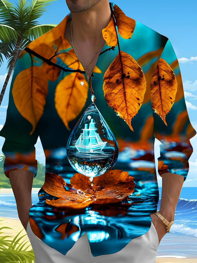 men autumn leaves water drop boat long sleeve shirt front view