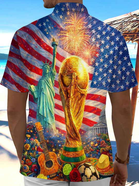 World Cup USA Independence Day Statue Of Liberty Guitar Men's Pocket Short Sleeve Shirts