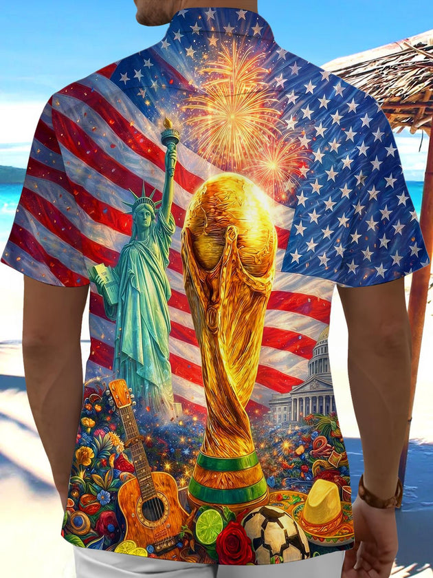 World Cup USA Independence Day Statue Of Liberty Guitar Men's Pocket Short Sleeve Shirts