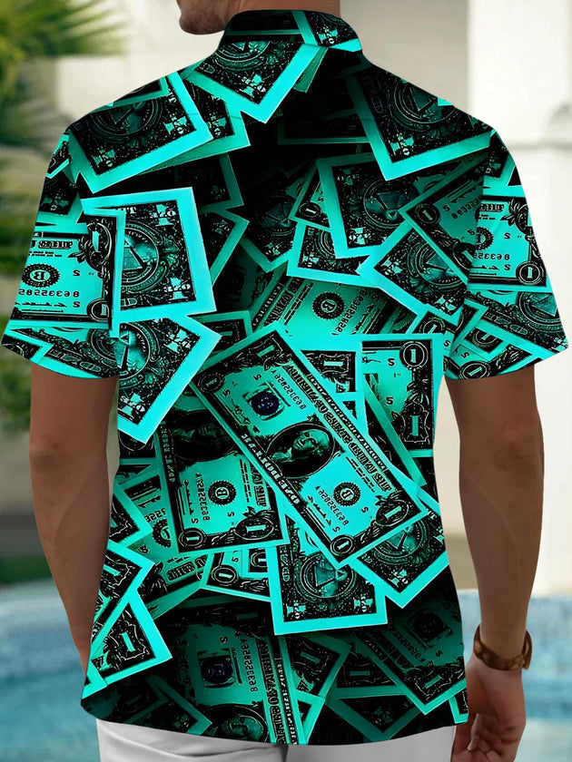 Men's short sleeve shirt with dollar print pattern, back view