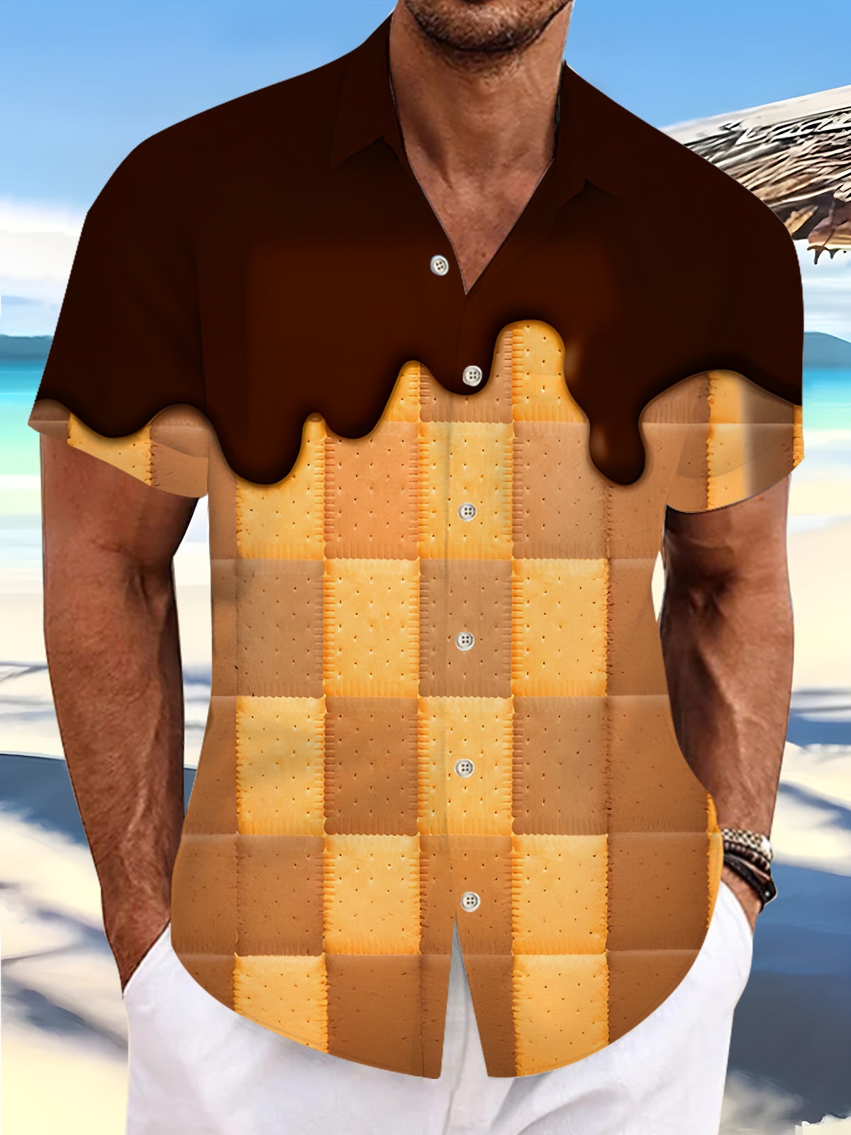 Fun Chocolate Drizzled Cookies Men's Pocket Short Sleeve Shirts