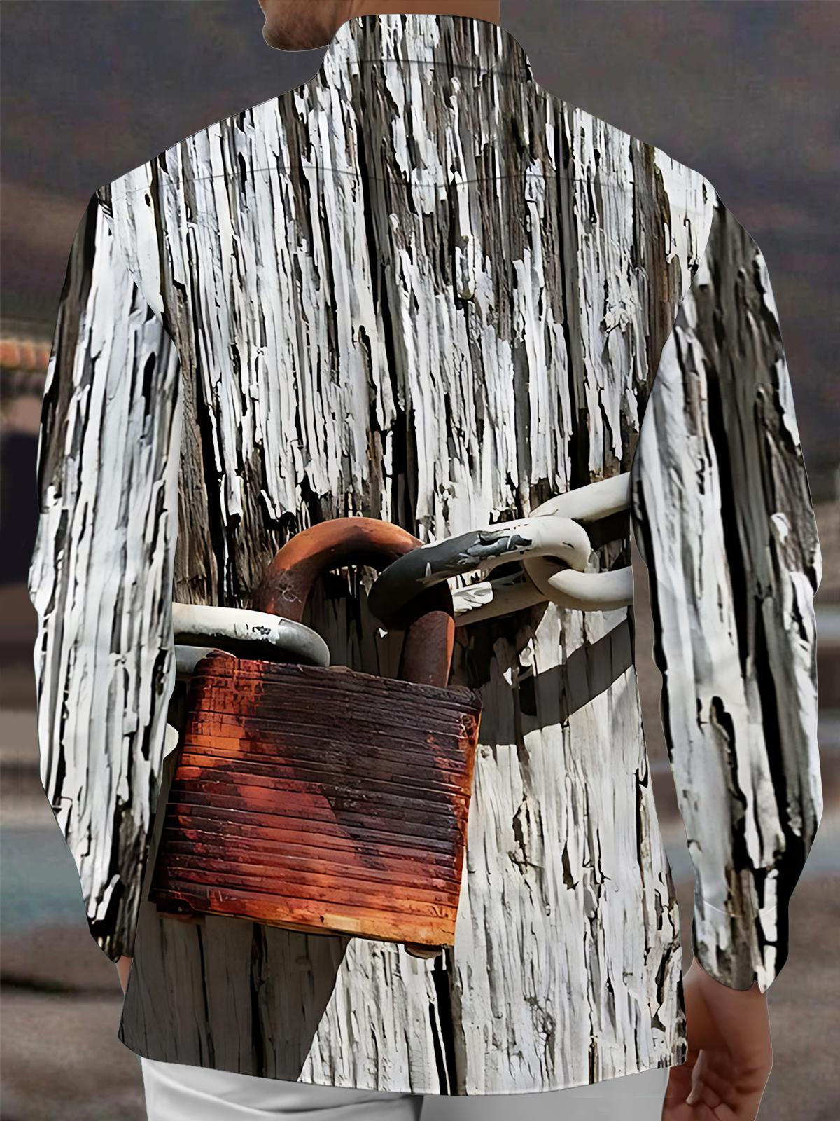 Vintage Lock Print Men's Pocket Long Sleeve Shirts