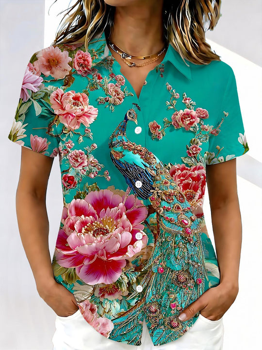 Peacock Floral Women's Short Sleeve Shirts