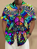 Geometric Floral Peace Sign Print Men's Pocket Short Sleeve Shirts