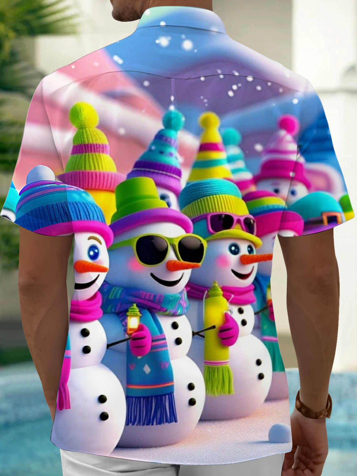 Snowman Print Men's Pocket Short Sleeve Shirts