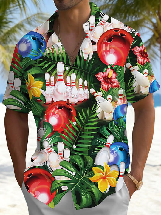Men's tropical Hawaiian print short sleeve shirt front view for beach vacation