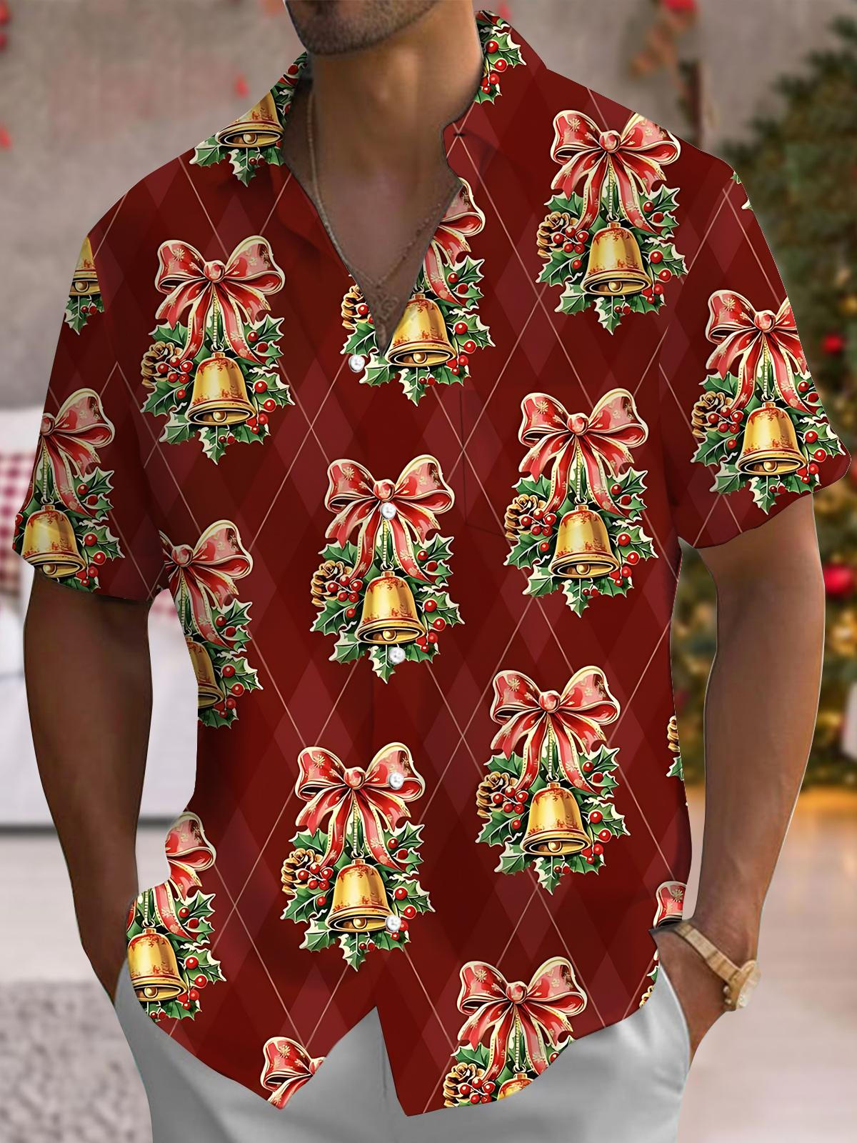 Christmas Bell Print Men's Pocket Short Sleeve Shirts