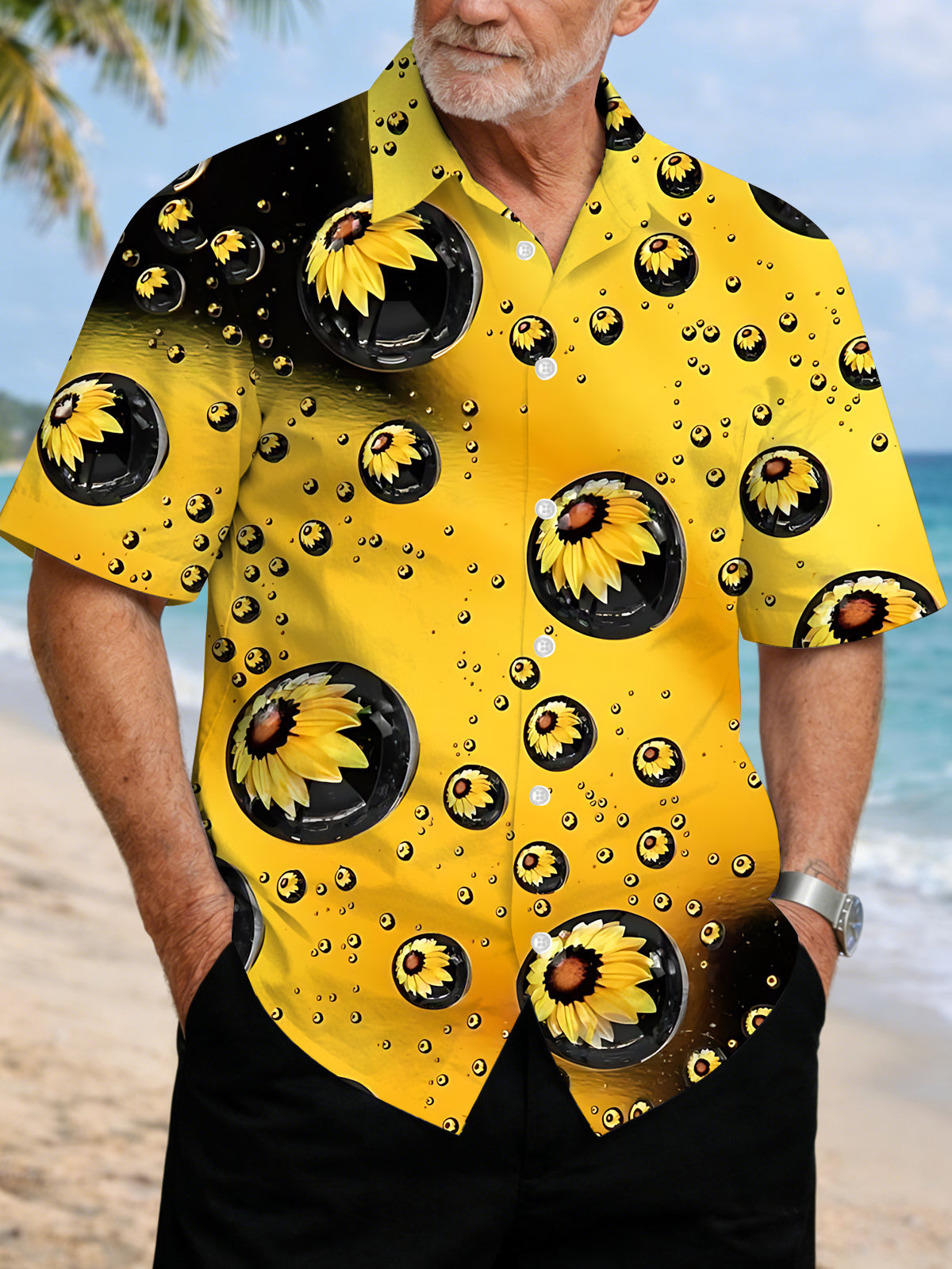 men's sunflower print shirt front view