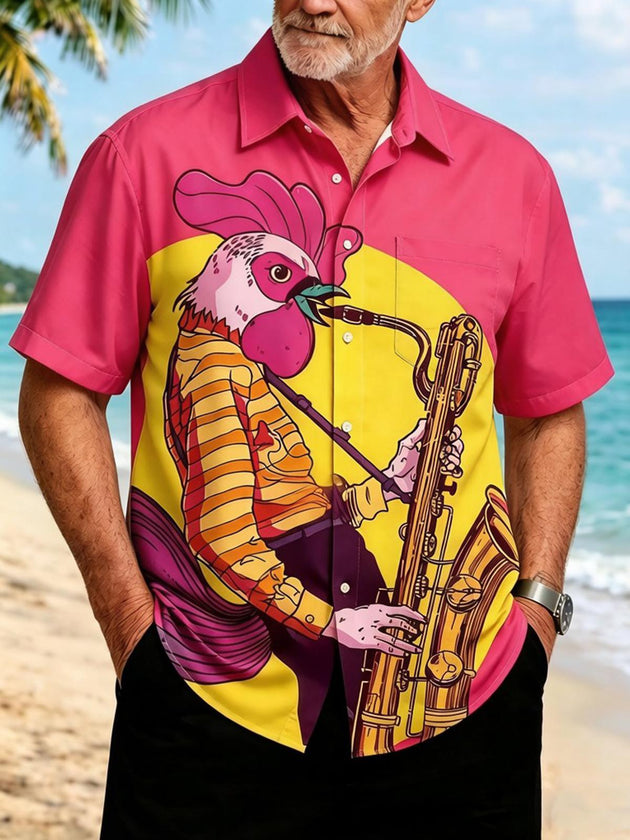 men's short sleeve music print rooster saxophone shirt front view
