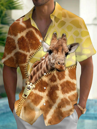 Men's Giraffe Print Pocket Short Sleeve Shirt Front View