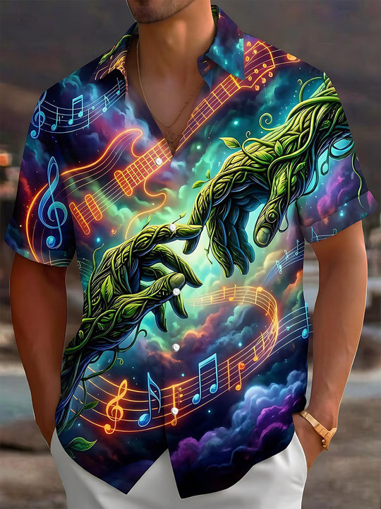 Neon Music Vines Hands Men's Pocket Short Sleeve Shirts
