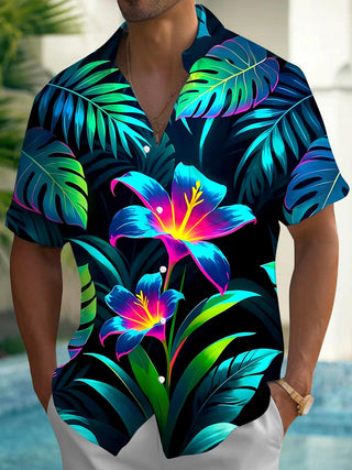 Men's Hawaiian floral leaf short sleeve pocket shirt front view tropical beach vacation