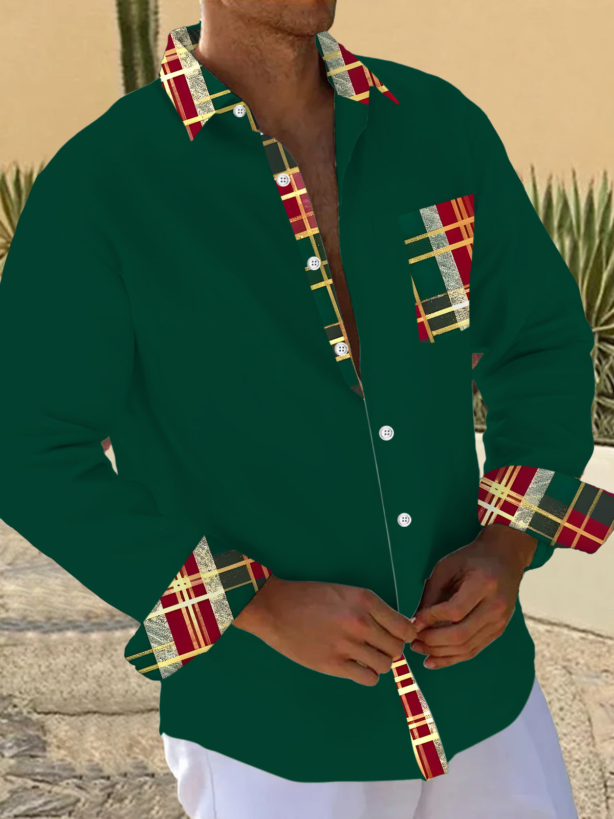 Christmas Grid Men's Pocket Long Sleeve Shirts